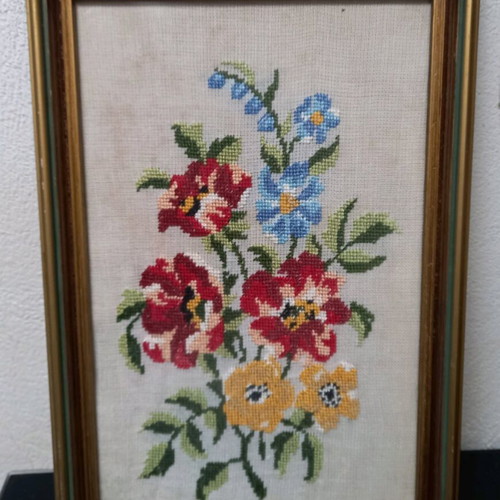 Framed embroidery with flowers used, size 22x34