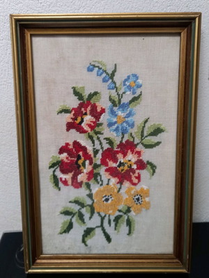Framed embroidery with flowers used, size 22x34