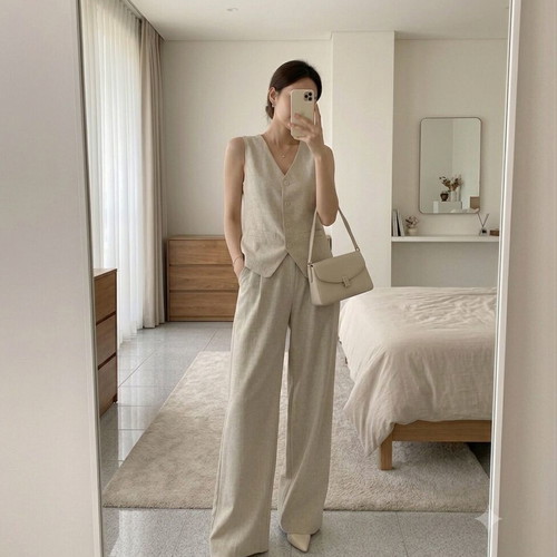Forget-me-not Linen-Look Set 2 Pieces Vest and Wide-Leg Pants Beige