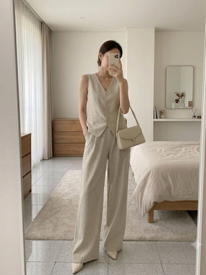 Forget-me-not Linen-Look Set 2 Pieces Vest and Wide-Leg Pants Beige