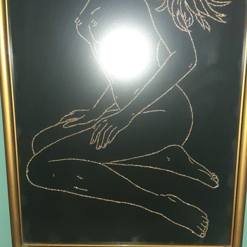 Woman embroidery painting with gold thread, like new, 44x70