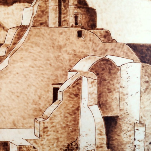 Mykonos Landscape Pyrography Painting on Linden Wood new