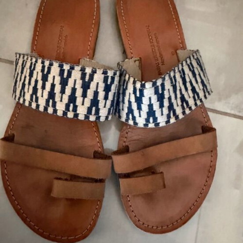 Boho leather sandals size 37, beige and blue