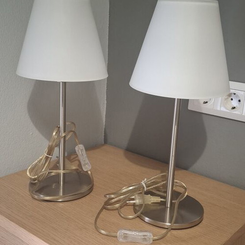 Viokef table lamps like new, white glass and inox, height 42 cm