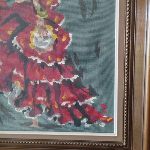Vintage Handmade Embroidery "Spanish" – Canvas with Wooden Frame