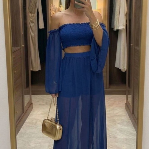 Shein blue set skirt and crop top with chiffon sleeves, like new