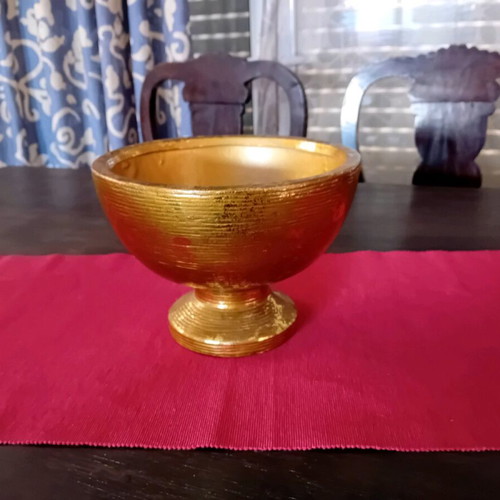 Large round decorative vase used, gold-bronze with gray lines