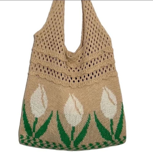 Knitted Tote Bag with White Tulips new, beige and white shoulder bag