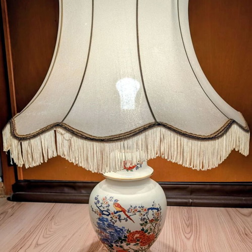 Vintage porcelain table lamp with Asian bird, flowers & pagoda motif