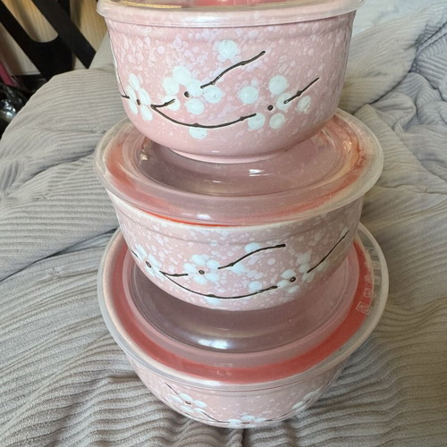 Ceramic bowls with lids, small 3.8, medium 5x2.44, large 5.7x2.75