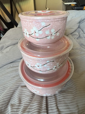 Ceramic bowls with lids, small 3.8, medium 5x2.44, large 5.7x2.75