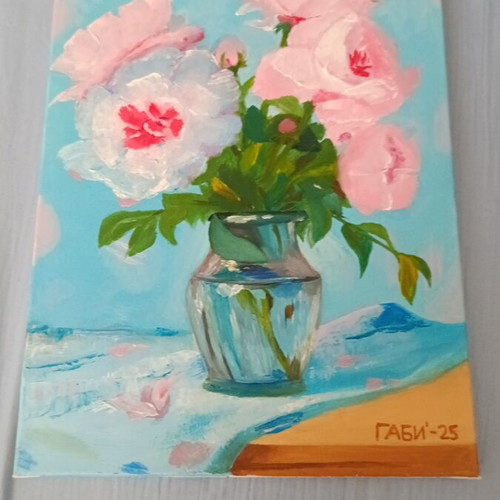 Blue painting with flowers new, 30x40cm