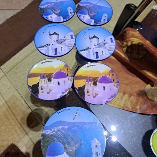Santorini metal coasters new, set of 6 with cork