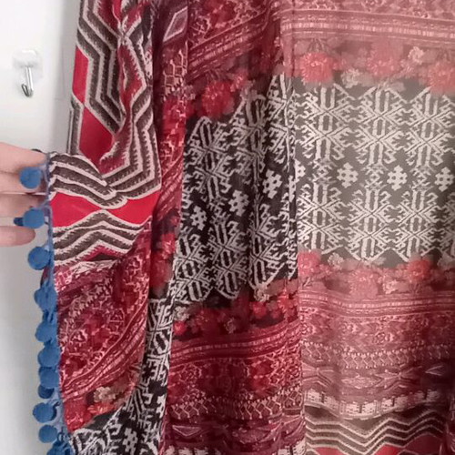 Boho pink woman poncho with pom poms like new