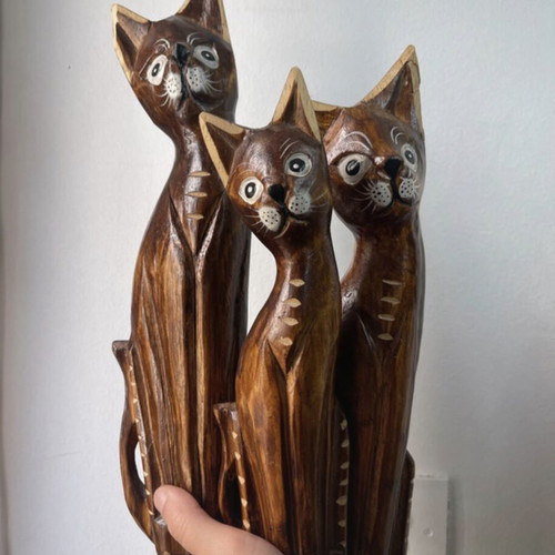 Vintage wooden cat set used, boho Balinese style decor, 3 pieces