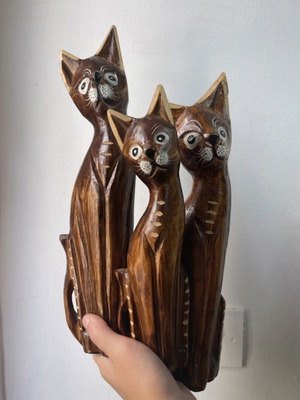 Vintage wooden cat set used, boho Balinese style decor, 3 pieces