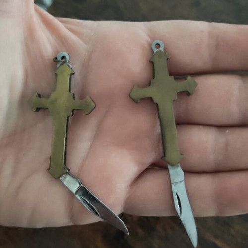 Copper cross keychains with sharp knives, like new, set of 2