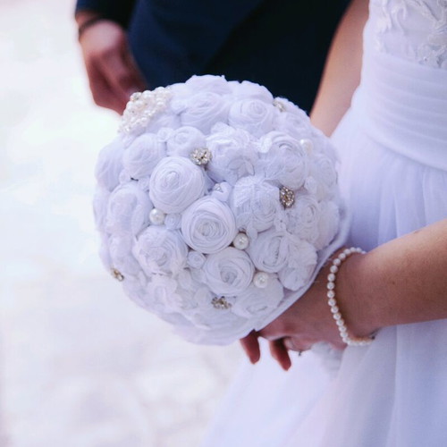 Wedding bouquet white handmade with swarovski and pearls