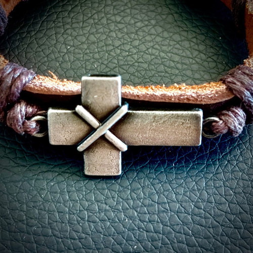 Genuine Brown Leather Cross Bracelet, M FORGE