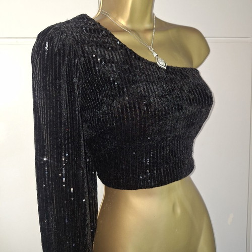 Lynne black velvet one shoulder crop sequin top size 40