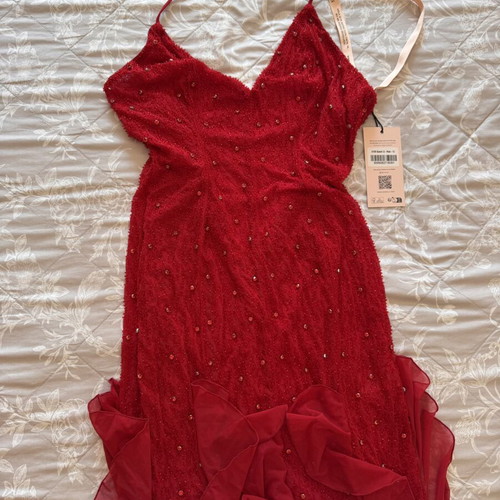 Oh Polly Embellished Halter Neck Ruffle Maxi Dress red, new, size 12