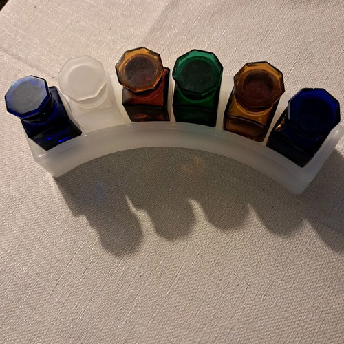Glass jars with lid vintage dental set on base with beautiful colors like new