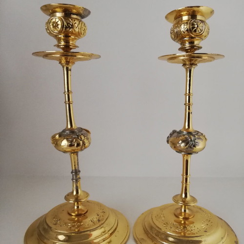 Pair of French dore empire candlesticks used, height 23 cm