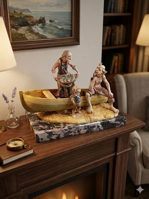 Fontanini Italian collectible sculpture The Fisherman's Family on Carrara marble base
