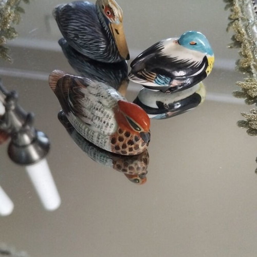 Vintage handmade bird miniatures set of 3, like new, wood and ceramic