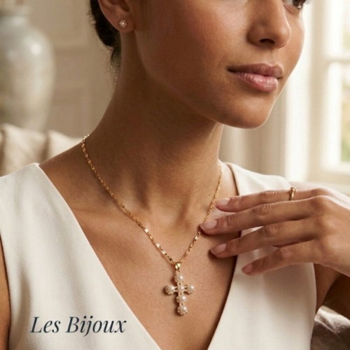 Gold Cross Necklace with Pearls Stainless Steel New