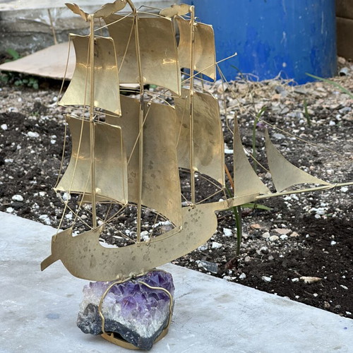 Vintage brass sailing ship on natural amethyst, 37×32 cm
