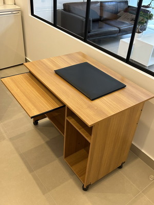 Wooden desk with foldable keyboard tray