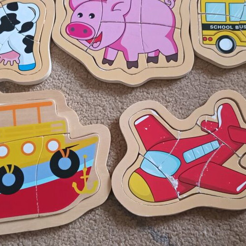 Wooden puzzles used, set of 7 pieces with wear