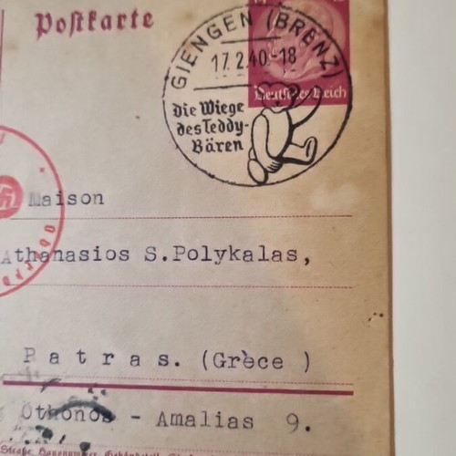 Collectible 1940 card used with Teddy Bear stamp and Wehrmacht censorship