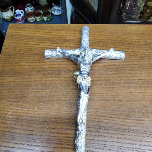 Wooden and bronze cross with silver color Jesus Christ depiction 34x21 new
