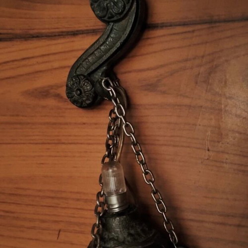 Vintage Hanging Oil Lamp used, brass with carved arm