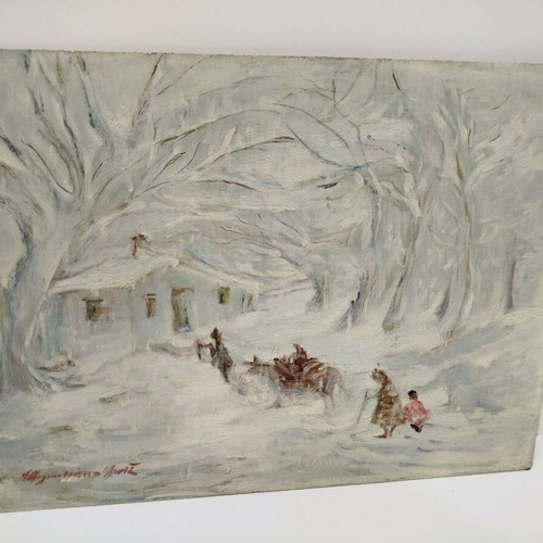 Oil painting snowy landscape used on plywood, old collectible 40x50