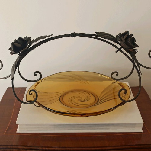 Vintage fruit bowl with a forged iron base & amber glass bowl