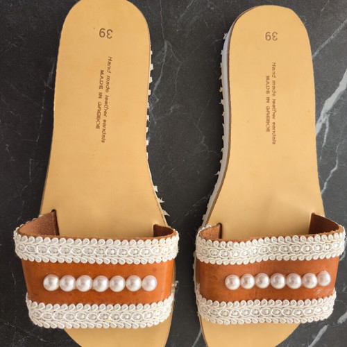 Handmade leather slides with white lace and pearls, size 39, made in Greece