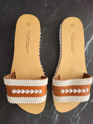 Handmade leather slides with white lace and pearls, size 39, made in Greece