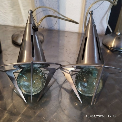 Apollo Rocket pendant lights used, metal frame with seeded glass spheres