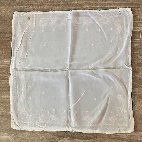 Vintage embroidery set used, green canvas square with three napkins