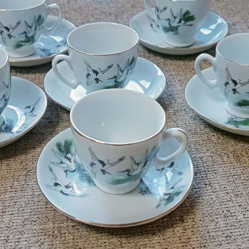 Porcelain cup set with cranes, 6 cups and 6 saucers, new