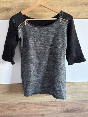 Grey and black knit top like new with leather-look details