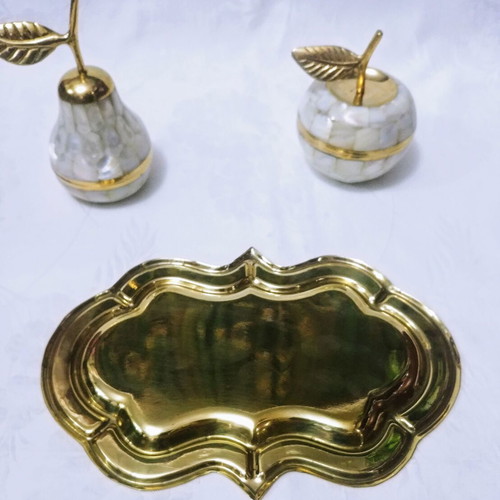 Brass and mother of pearl inlaid tray with used jewelry boxes from India 60s