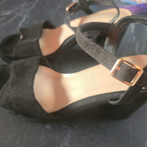 Linzi black suede sandals, size 39, 10cm heel
