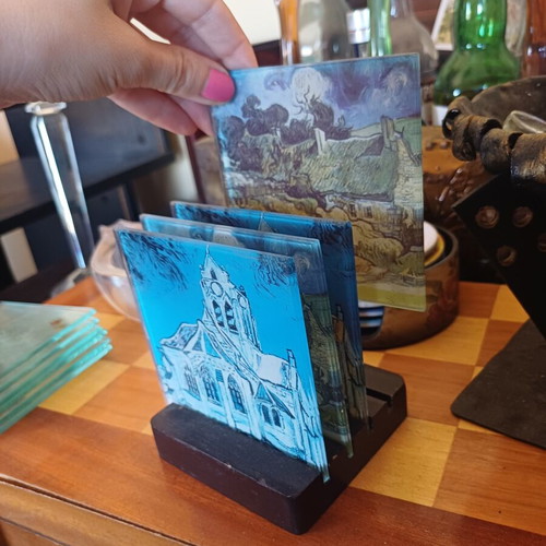 Set of 4 Vincent van Gogh Glass Coasters with Wooden Base – Collectible Art Coasters