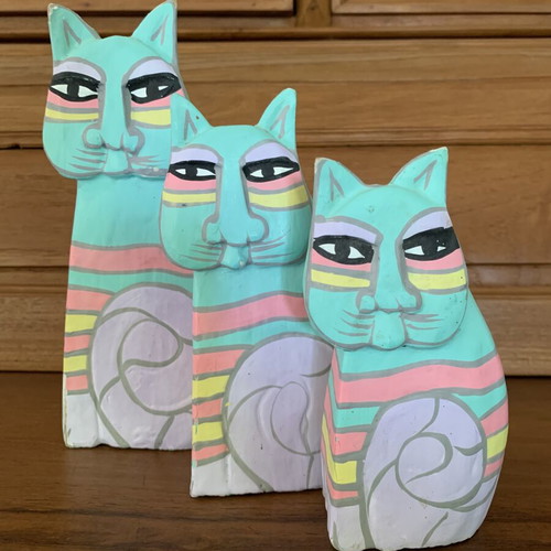 Wooden cat figurines used, set of 3, pastel colors