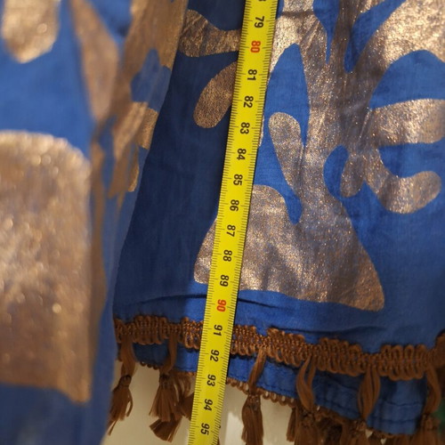Blue dress with brown tassels like new, cotton, bronze prints