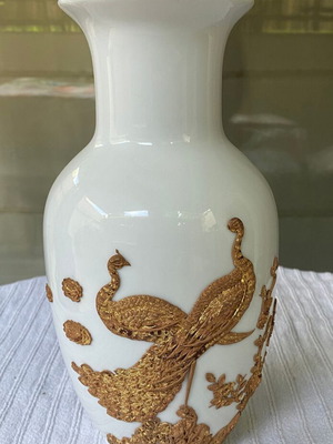 Vintage white opaline vase with embossed gold peacocks, 26 cm